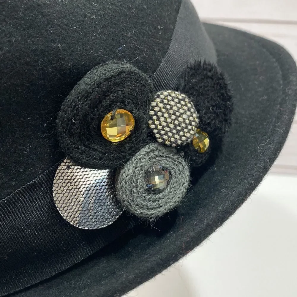 Scala Collezione Black 100% Wool Floral Detail Hat